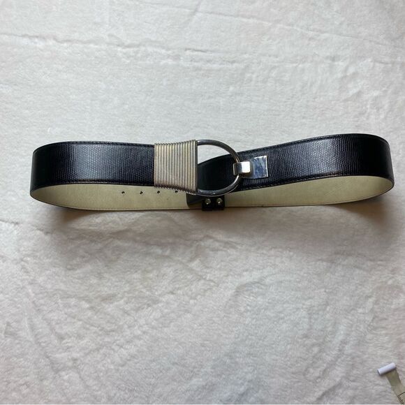 Chico's Black Faux Leather Back Slide Adjustable Belt Silver Buckle Size OS - Picture 1 of 7